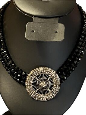 HEIDI DAUS Black Necklace with Swarovski Crystal Belgian Disc Medallion Signed